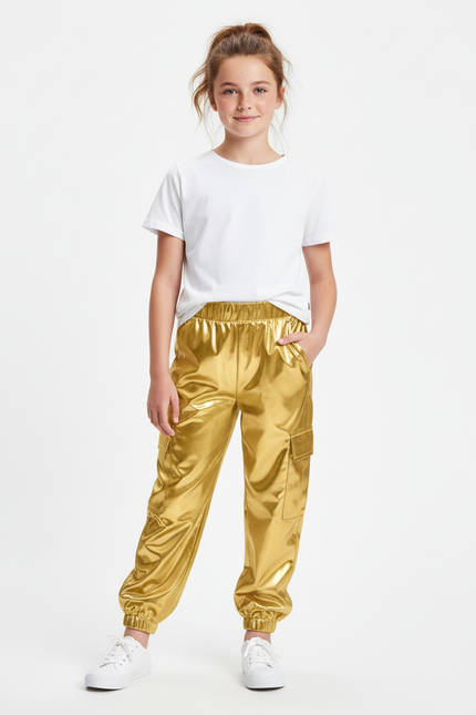 Pantalon Cargo Doré Métallisé Ample Fille Brillant - Polyester