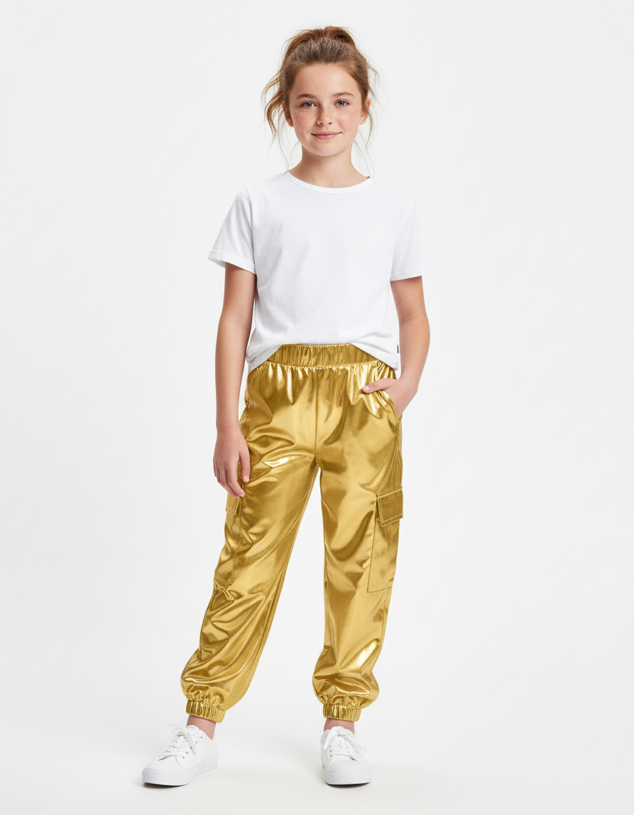 Pantalon Cargo Doré Métallisé Ample Fille Brillant - Polyester