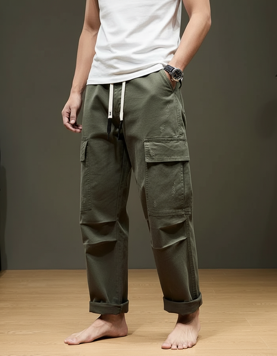 Pantalon Cargo Ample Décontracté Vert Coton Multipoches - Kaki Toile