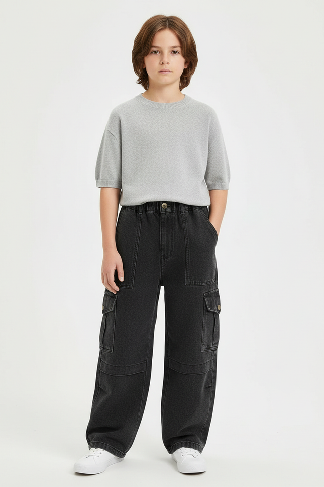 Pantalon Cargo Jean Noir Ample Multipoches Enfant