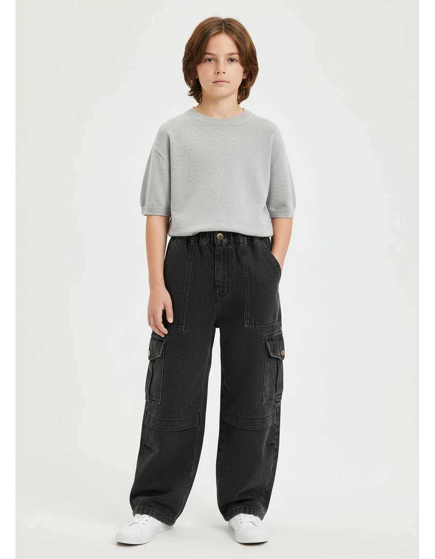 Pantalon Cargo Jean Noir Ample Multipoches Enfant