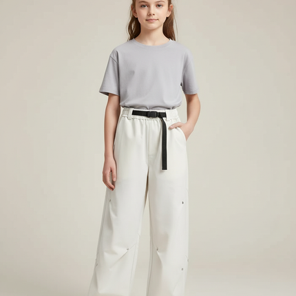 Pantalon Cargo Crème Ample Décontracté Ceinturé Enfant - Blanc Toile