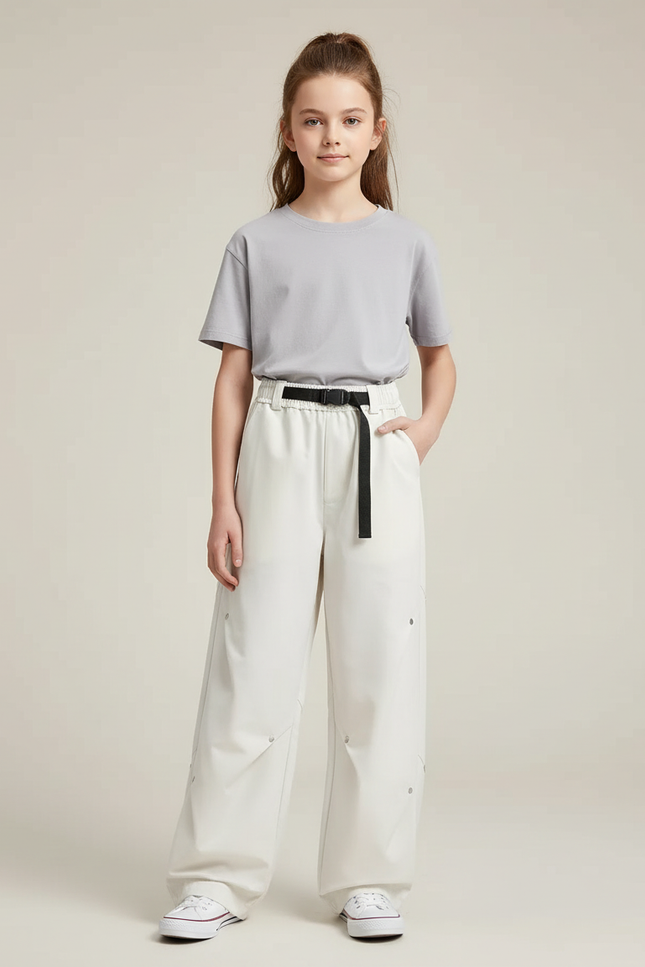 Pantalon Cargo Crème Ample Décontracté Ceinturé Enfant - Blanc Toile