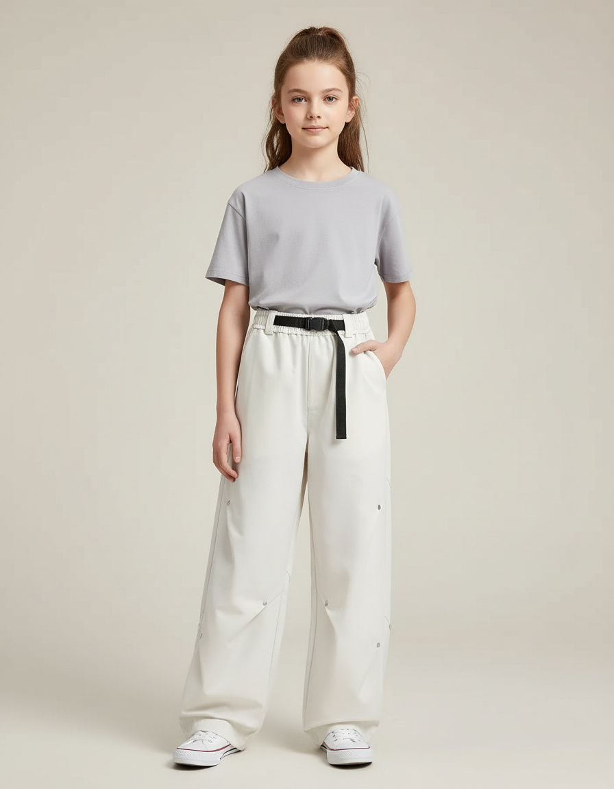 Pantalon Cargo Crème Ample Décontracté Ceinturé Enfant - Blanc Toile