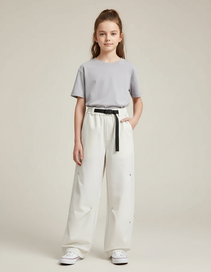 Pantalon Cargo Crème Ample Décontracté Ceinturé Enfant - Blanc Toile