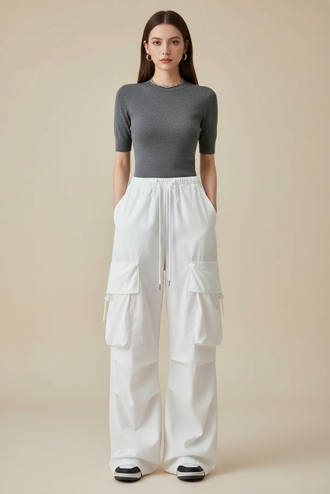 Pantalon Cargo Blanc Ample Multipoches Décontracté - Toile