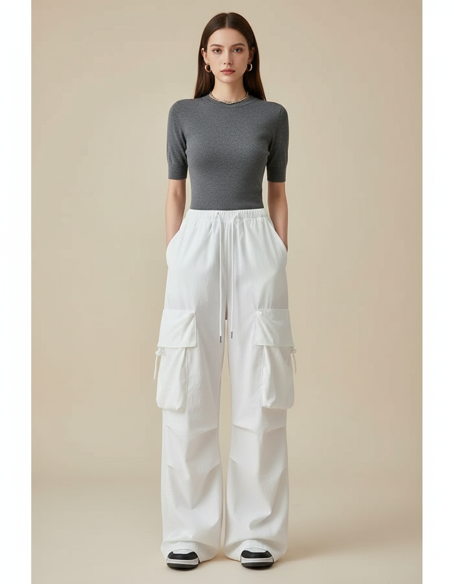 Pantalon Cargo Blanc Ample Multipoches Décontracté - Toile