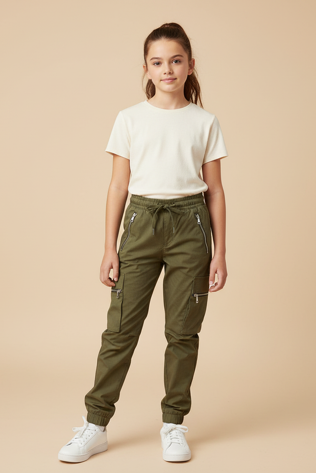 Pantalon Cargo Kaki Ample Coton Zippé Fille