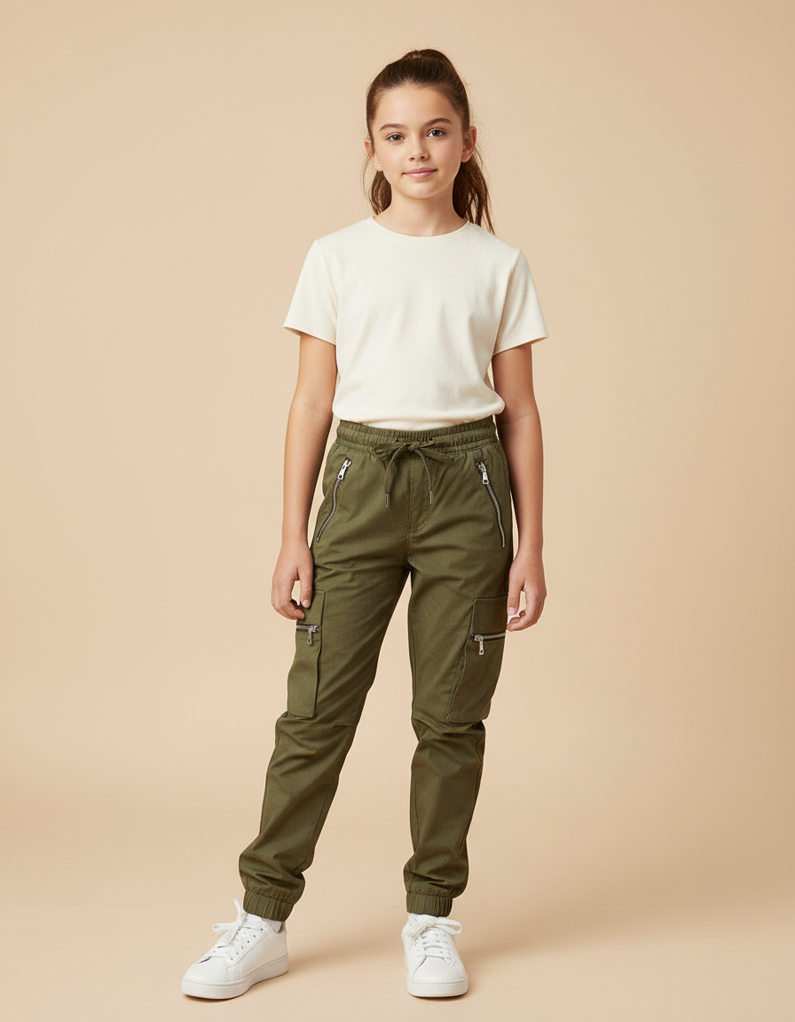 Pantalon Cargo Kaki Ample Coton Zippé Fille