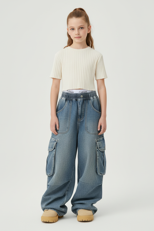 Pantalon Cargo Denim Ample Multipoches Enfant Décontracté - Bleu Jean