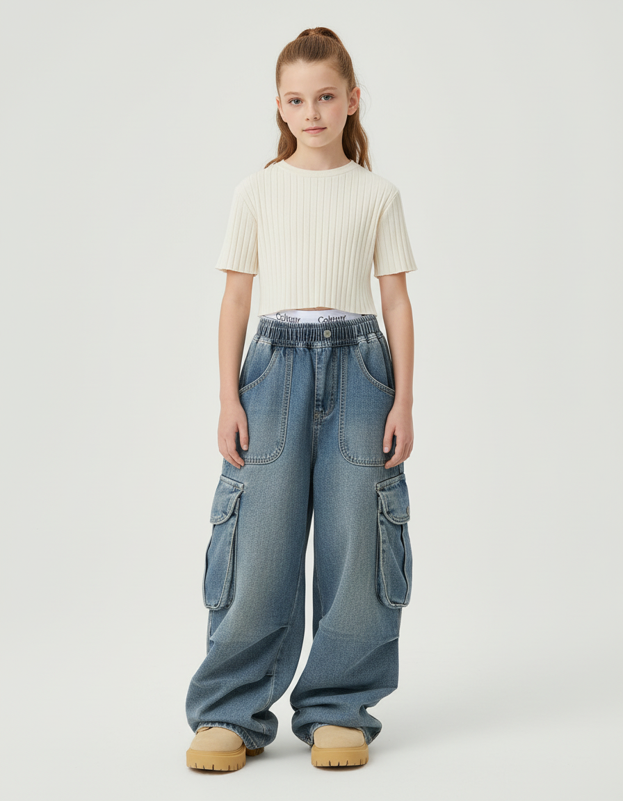 Pantalon Cargo Denim Ample Multipoches Enfant Décontracté - Bleu Jean