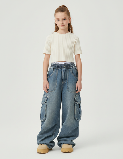 Pantalon Cargo Denim Ample Multipoches Enfant Décontracté - Bleu Jean