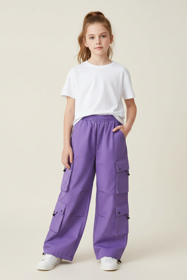 Pantalon Cargo Ample Violet Poches Fille - Toile
