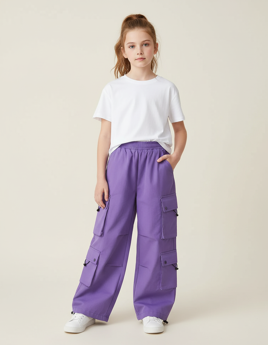 Pantalon Cargo Ample Violet Poches Fille - Toile
