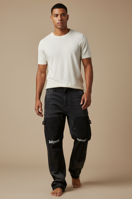 Pantalon Cargo Noir Décontracté Ample Imprimé Streetwear - Jean