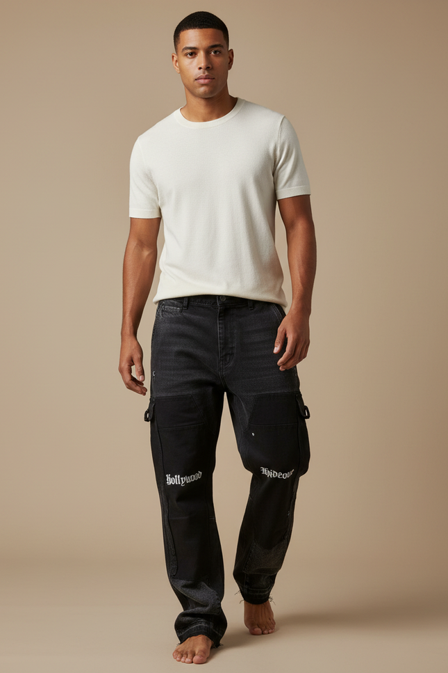 Pantalon Cargo Noir Décontracté Ample Imprimé Streetwear - Jean