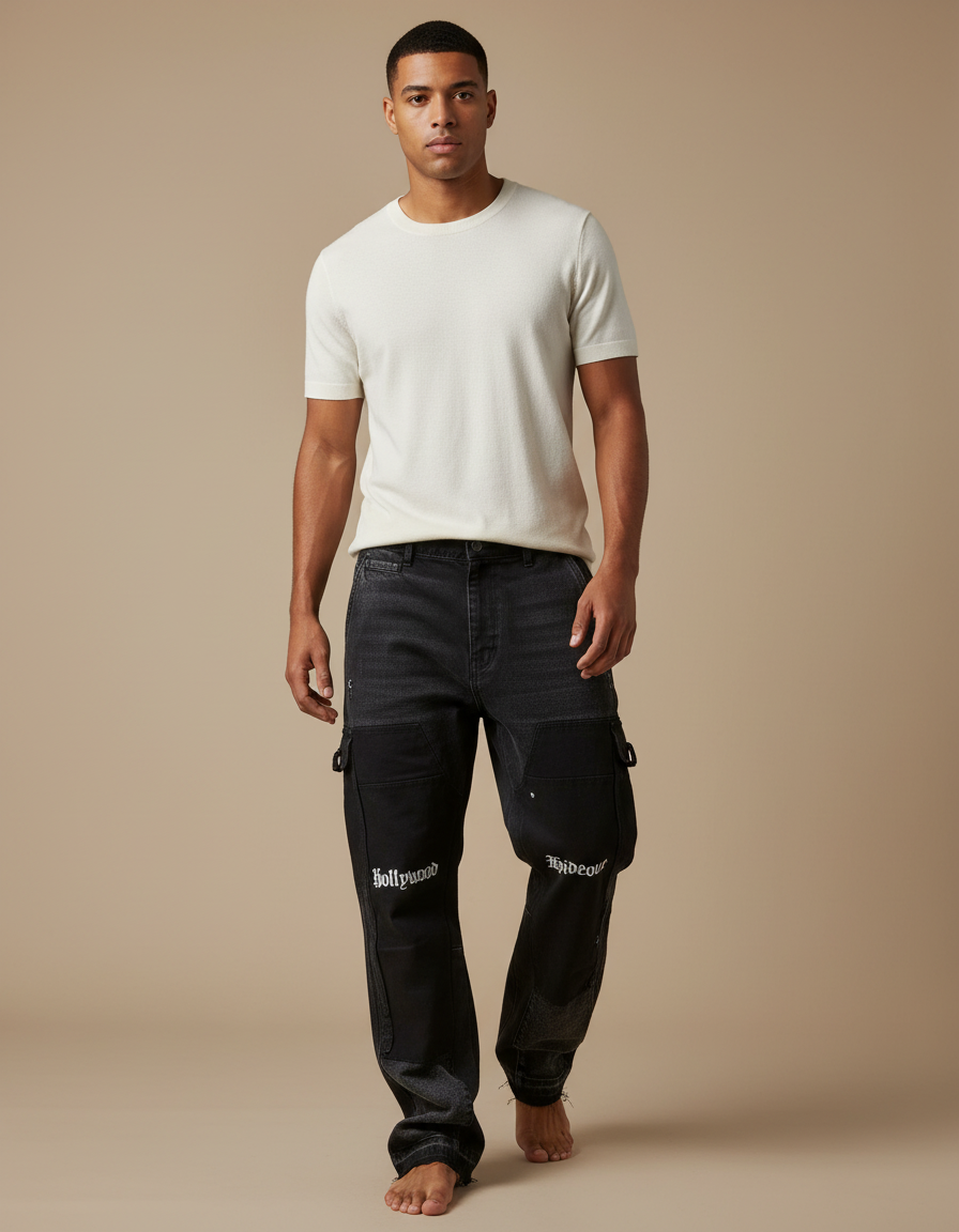 Pantalon Cargo Noir Décontracté Ample Imprimé Streetwear - Jean