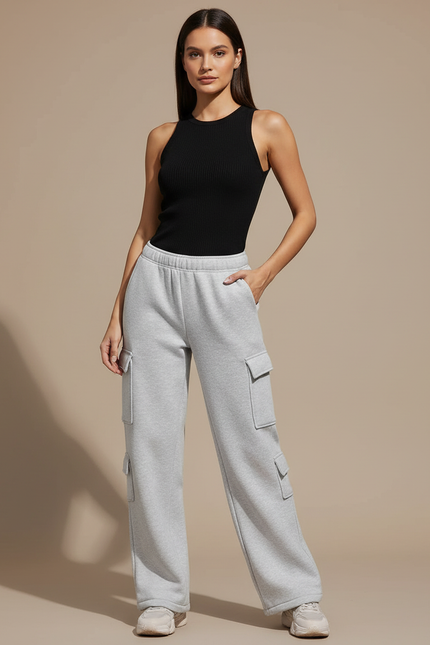 Pantalon Cargo Gris Ample Molleton Multipoches