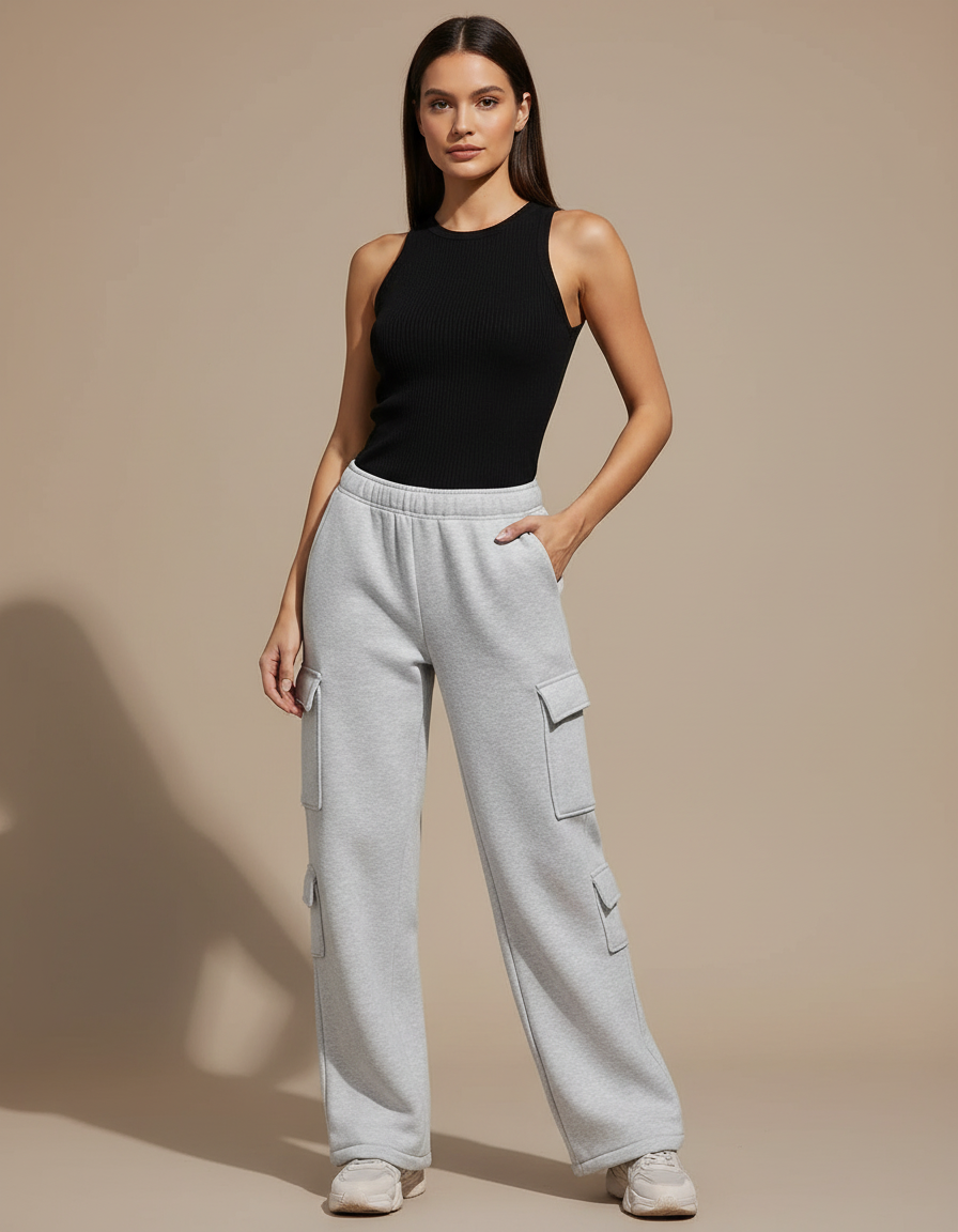 Pantalon Cargo Gris Ample Molleton Multipoches