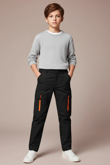 Pantalon Cargo Noir Zips Oranges Multipoches Garçon - Polyester