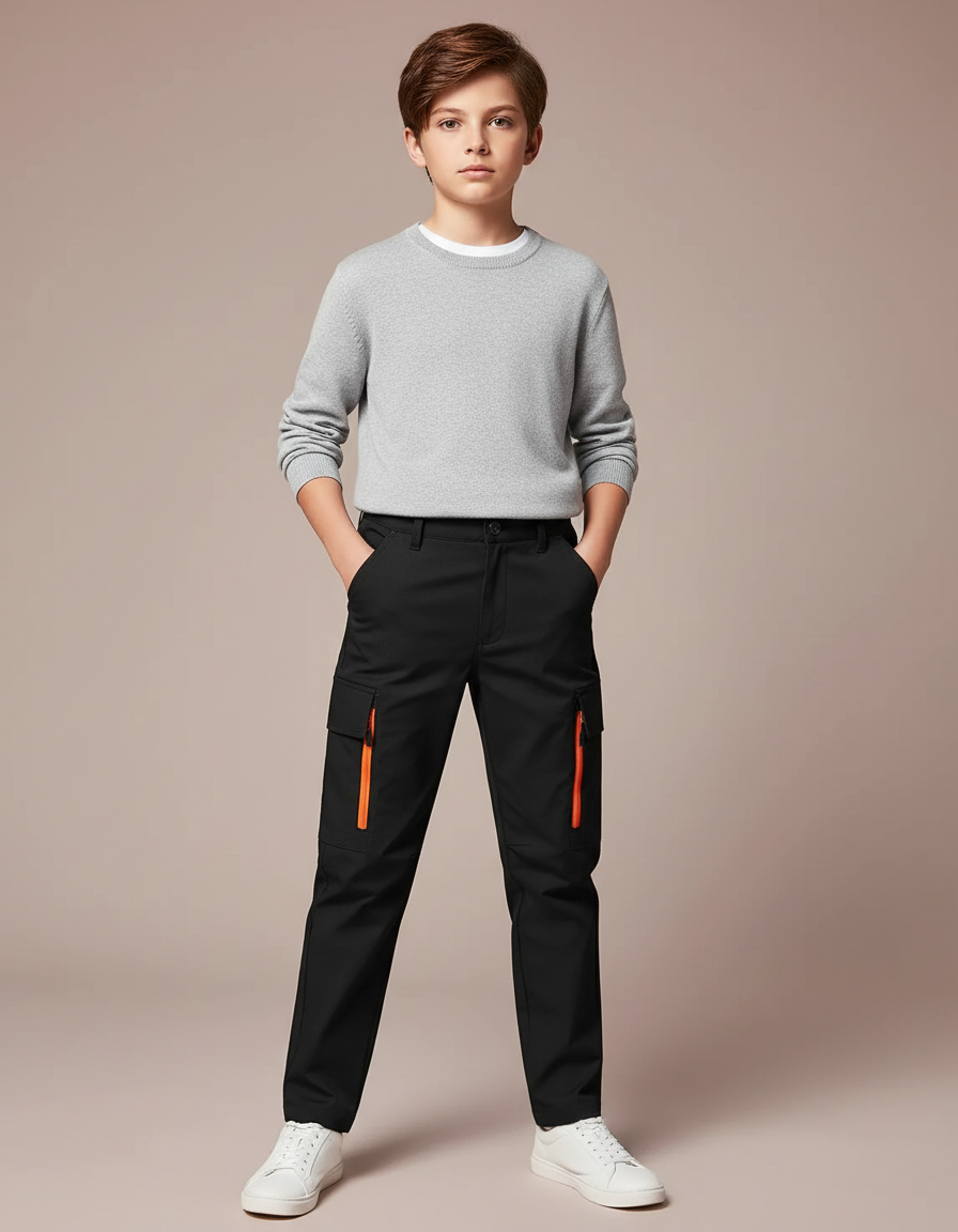 Pantalon Cargo Noir Zips Oranges Multipoches Garçon - Polyester