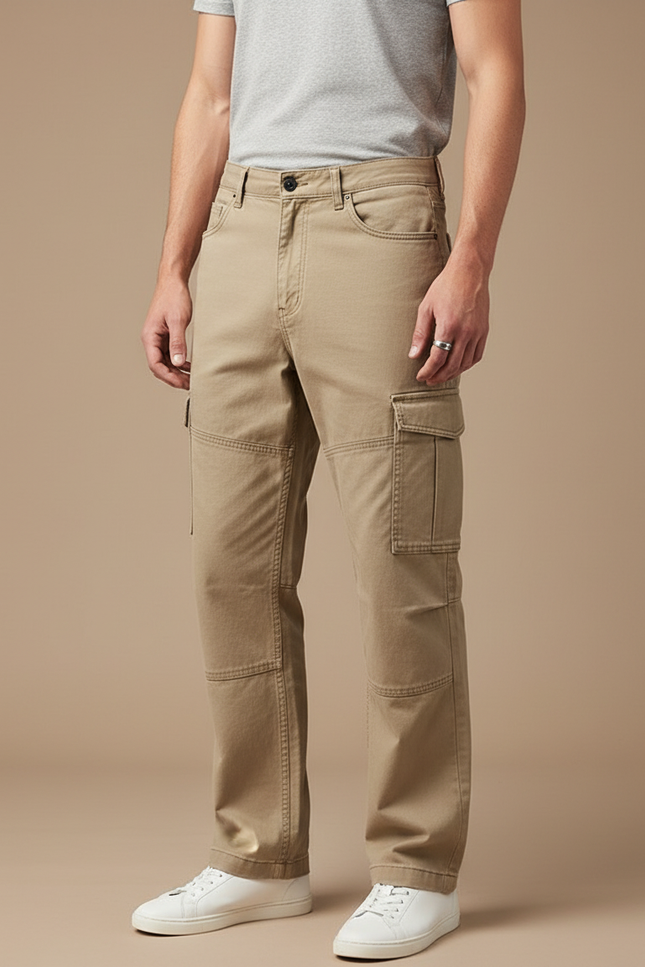 Pantalon Cargo Beige Homme Ample Coton Décontracté - Toile