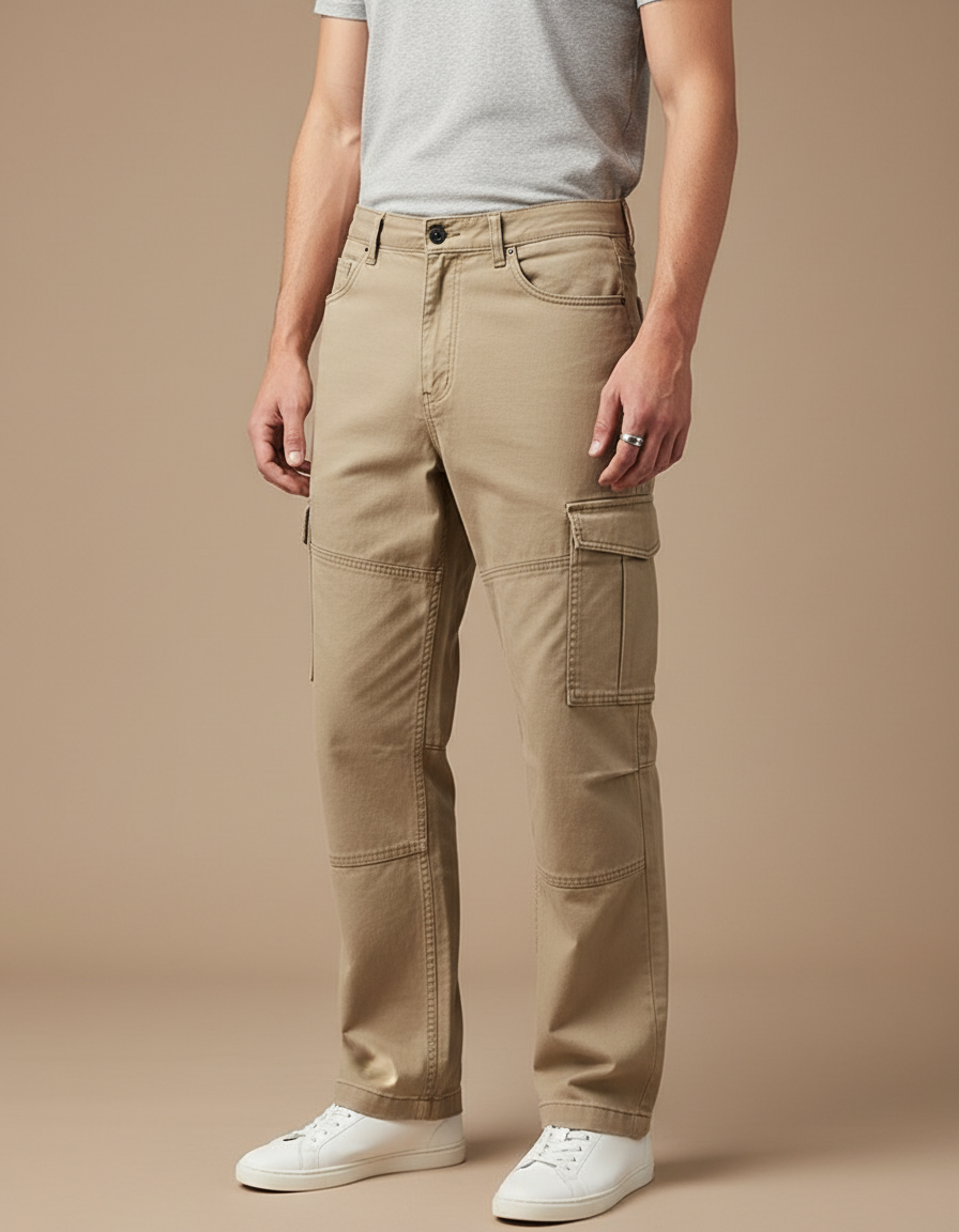 Pantalon Cargo Beige Homme Ample Coton Décontracté - Toile