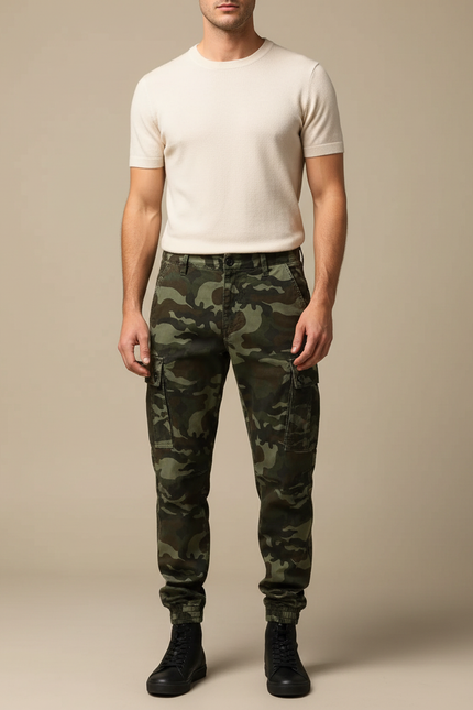 Pantalon Cargo Camouflage Militaire Coton Homme Jogger - Kaki