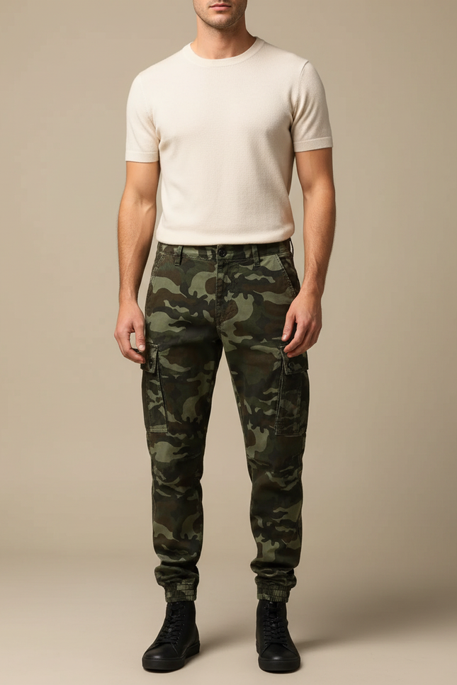 Pantalon Cargo Camouflage Militaire Coton Homme Jogger - Kaki