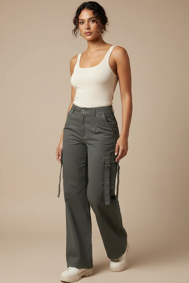 Pantalon Cargo Femme Vert Kaki Ample Décontracté Multipoches - Toile