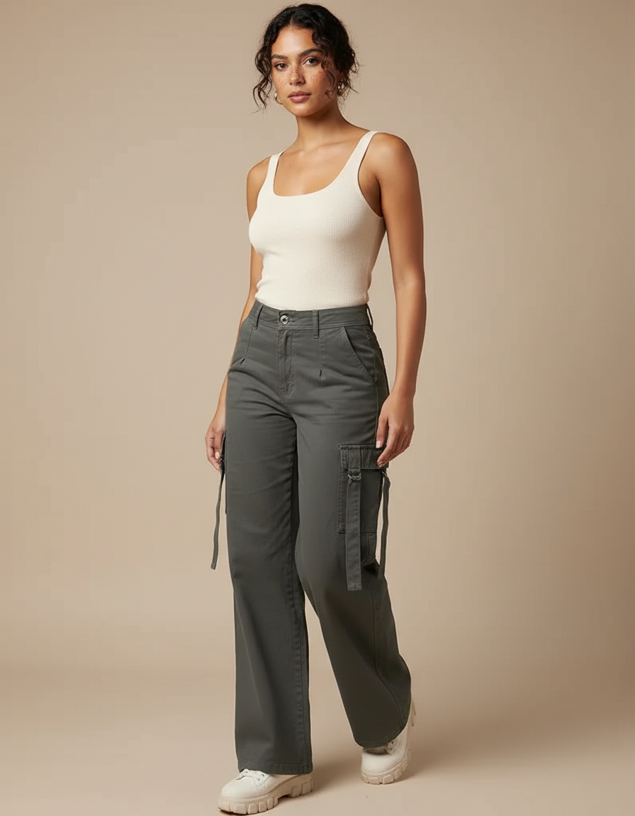 Pantalon Cargo Femme Vert Kaki Ample Décontracté Multipoches - Toile
