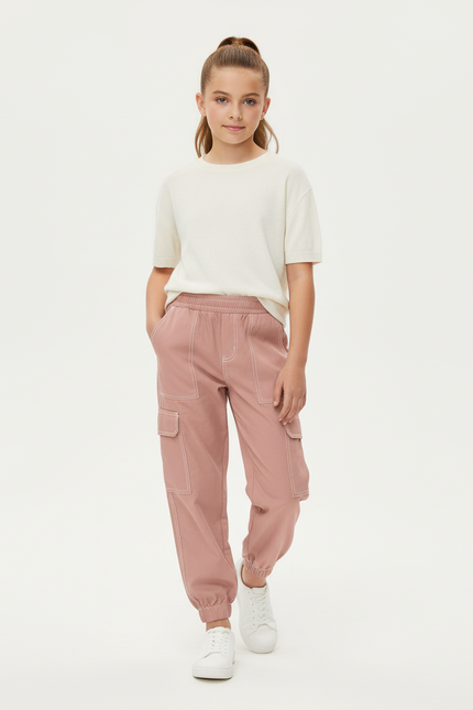Pantalon Cargo Rose Ample Fille Décontracté Surpiqûres - Polyester