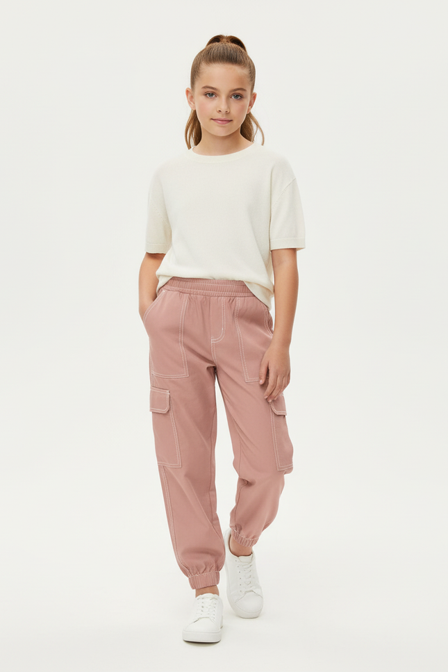 Pantalon Cargo Rose Ample Fille Décontracté Surpiqûres - Polyester