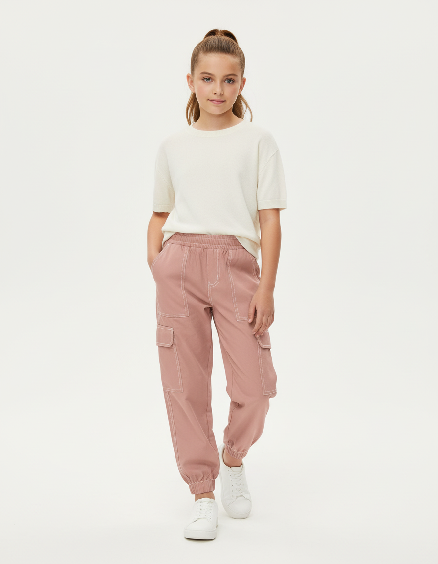 Pantalon Cargo Rose Ample Fille Décontracté Surpiqûres - Polyester