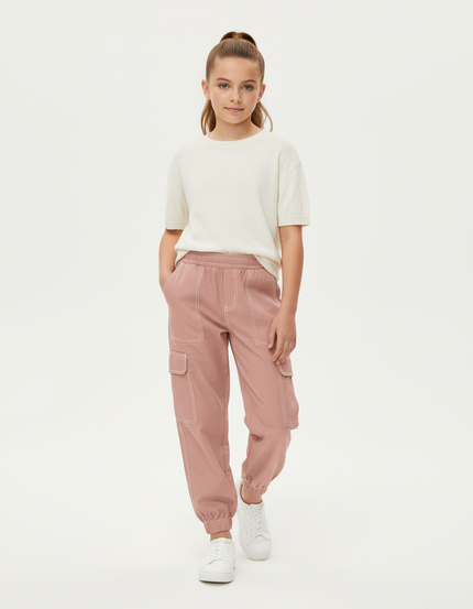 Pantalon Cargo Rose Ample Fille Décontracté Surpiqûres - Polyester