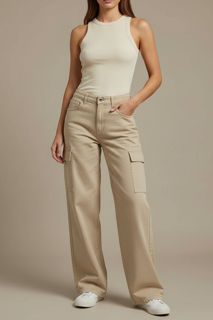 Pantalon Cargo Beige Ample Multipoches Taille Haute Femme - Jean