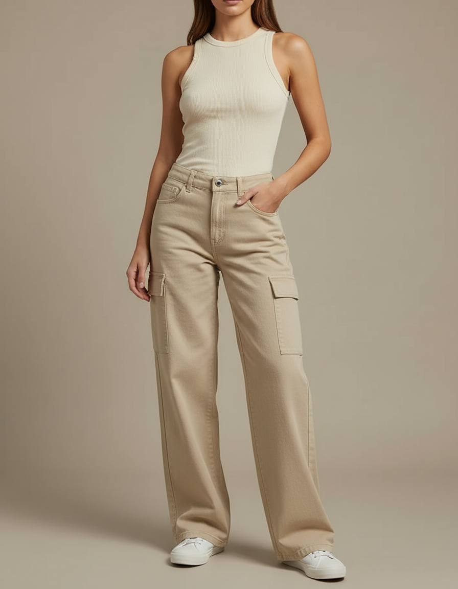 Pantalon Cargo Beige Ample Multipoches Taille Haute Femme - Jean