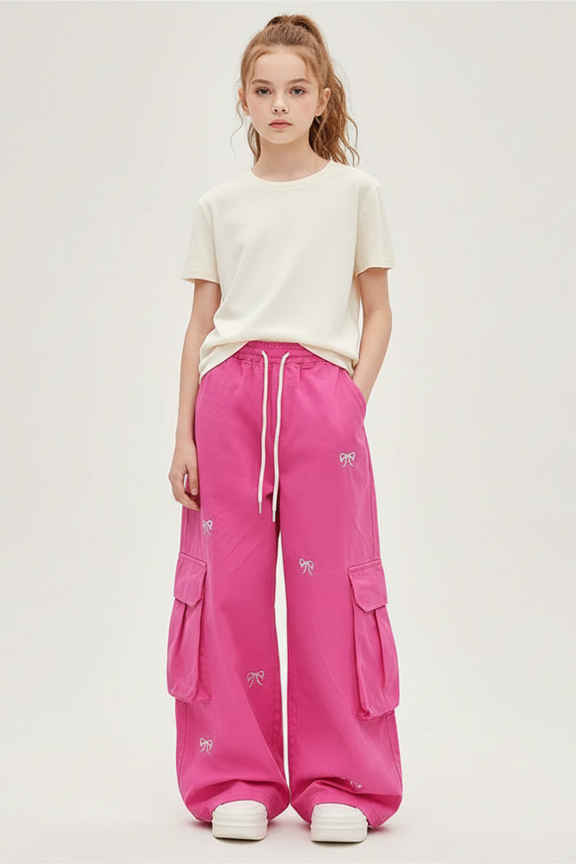 Pantalon Cargo Rose Ample Brodé Multipoches Enfant - Toile