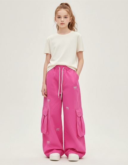 Pantalon Cargo Rose Ample Brodé Multipoches Enfant - Toile