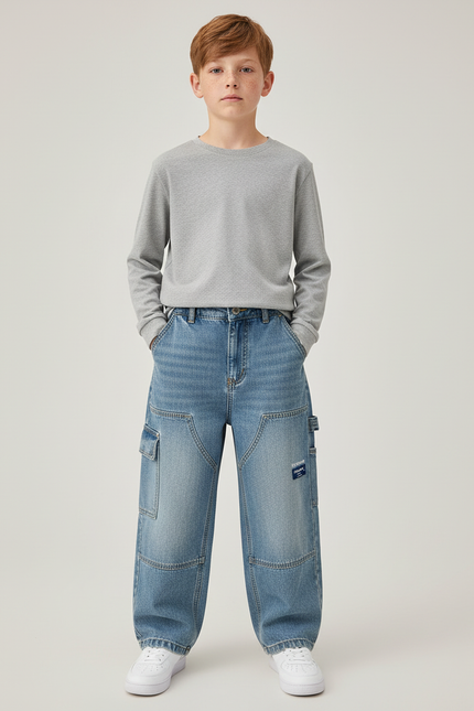 Pantalon Cargo Denim Ample Bleu Multipoches Garçon - Jean