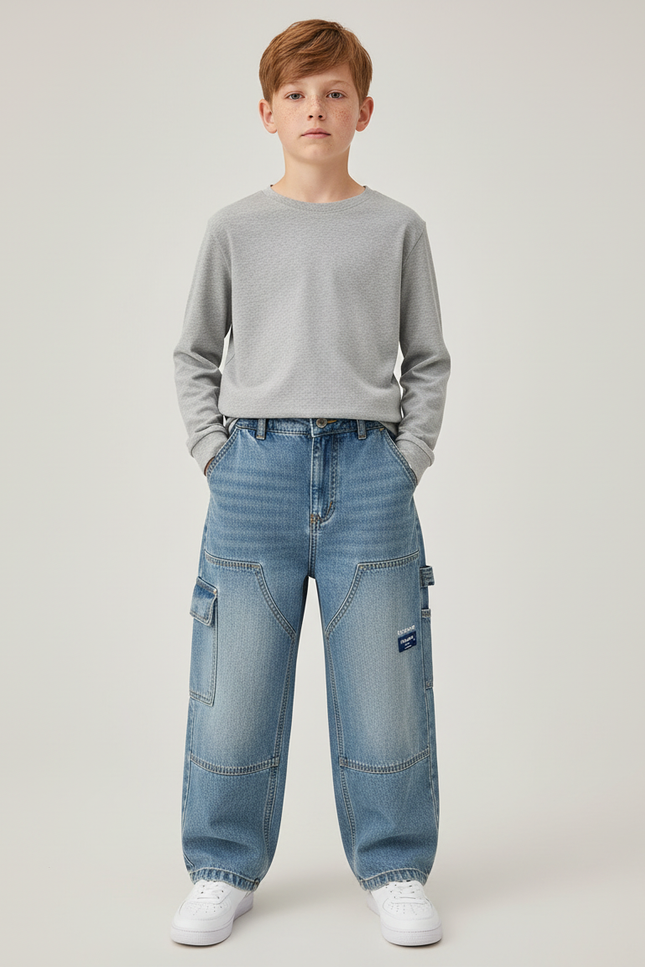 Pantalon Cargo Denim Ample Bleu Multipoches Garçon - Jean