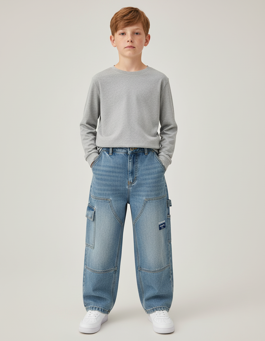 Pantalon Cargo Denim Ample Bleu Multipoches Garçon - Jean