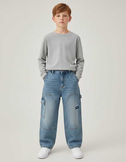 Pantalon Cargo Denim Ample Bleu Multipoches Garçon - Jean