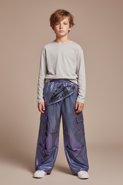 Pantalon Cargo Violet Brillant Ample Garçon Streetwear - Polyester