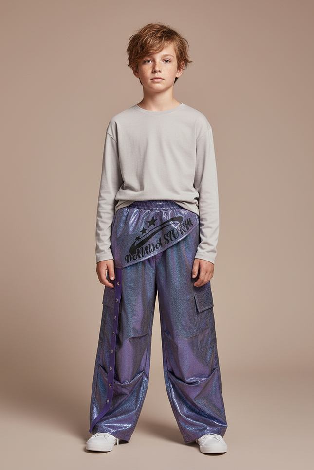 Pantalon Cargo Violet Brillant Ample Garçon Streetwear - Polyester