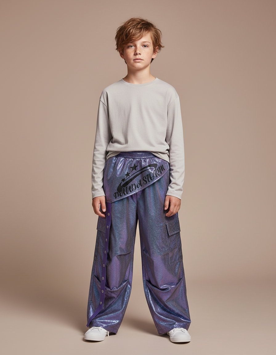Pantalon Cargo Violet Brillant Ample Garçon Streetwear - Polyester