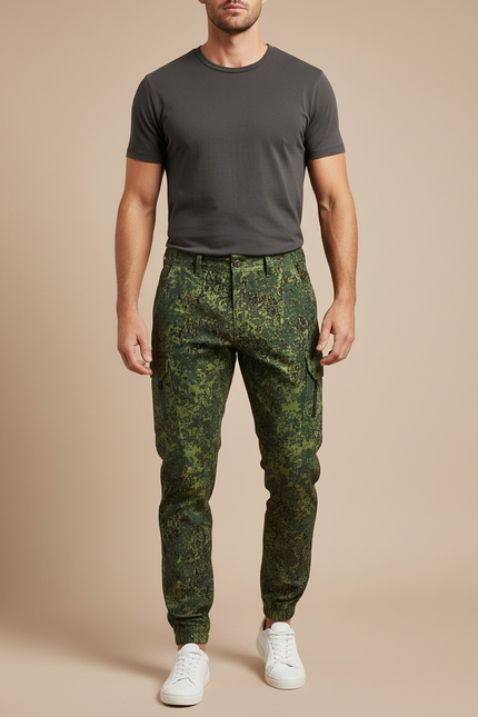 Pantalon Cargo Camouflage Numérique Ajusté Homme Streetwear - Vert Toile