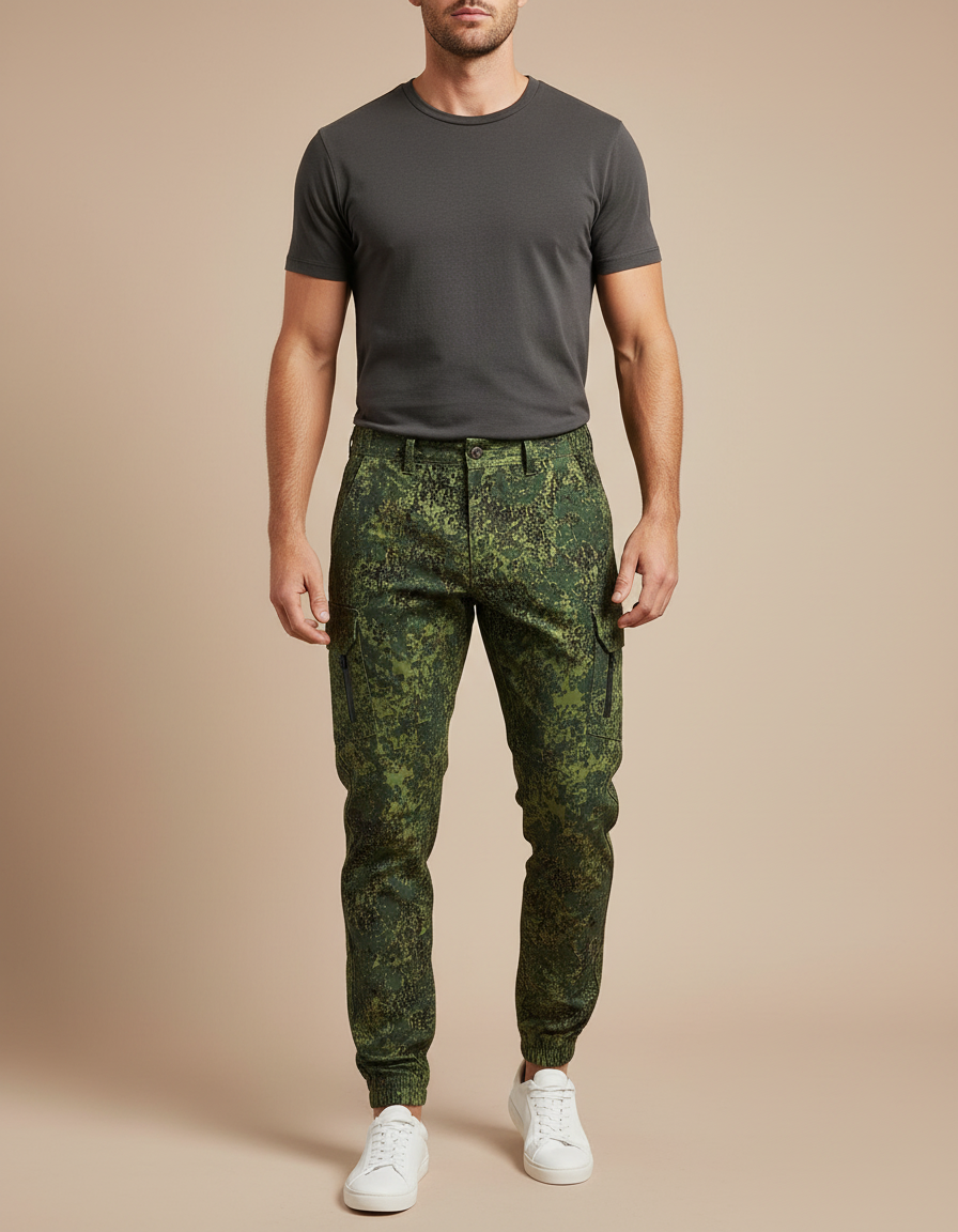 Pantalon Cargo Camouflage Numérique Ajusté Homme Streetwear - Vert Toile