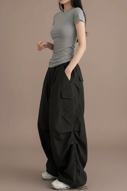 Pantalon Cargo Ample Noir Fluide Femme Décontracté - Polyester