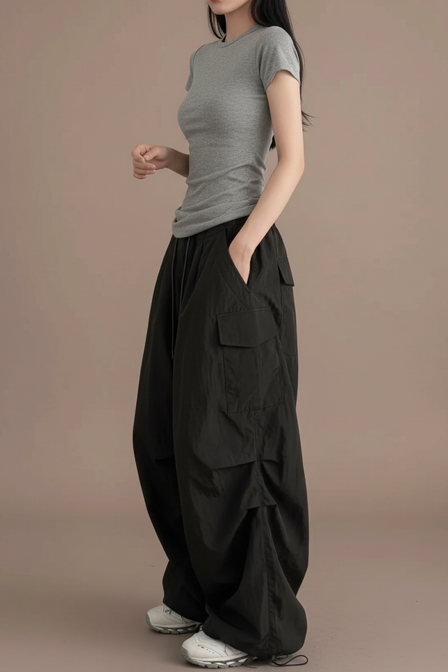 Pantalon Cargo Ample Noir Fluide Femme Décontracté - Polyester
